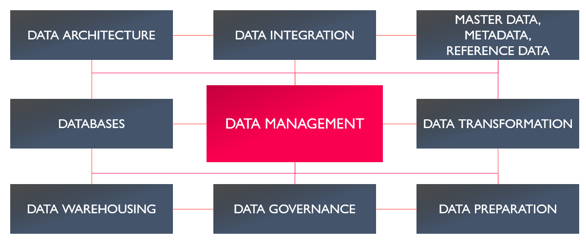 Diagram with data management at the centre, connected to data architecture, data integration, master data, metadata and reference data, databases, data transformation, data warehousing, data governance and data preparation.