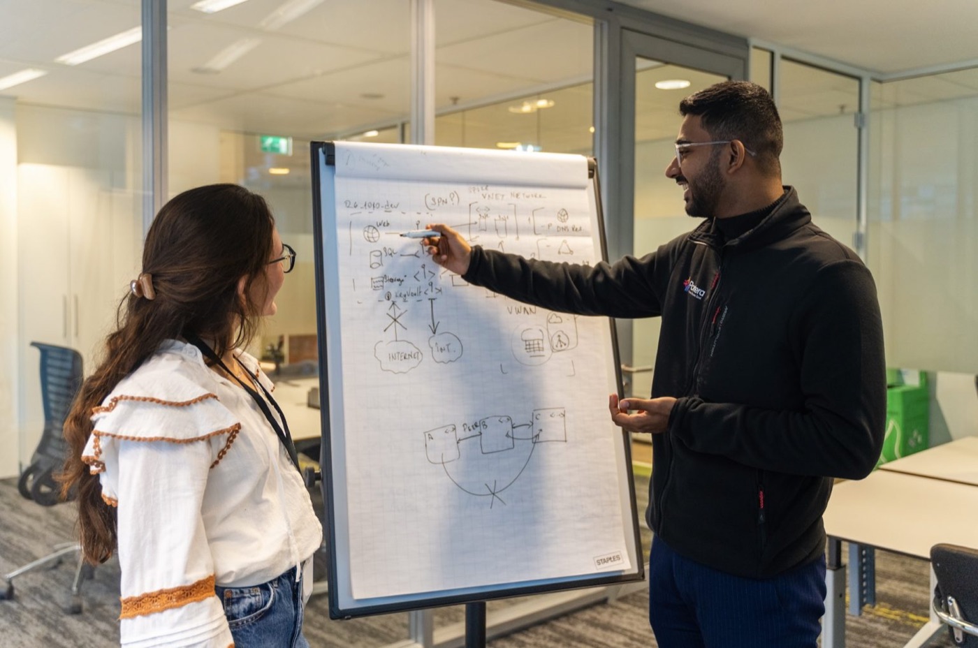 Two colleagues working through a diagram on a flip chart